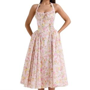 Cherley Pink & Yellow Floral Pleated Halter Sundress